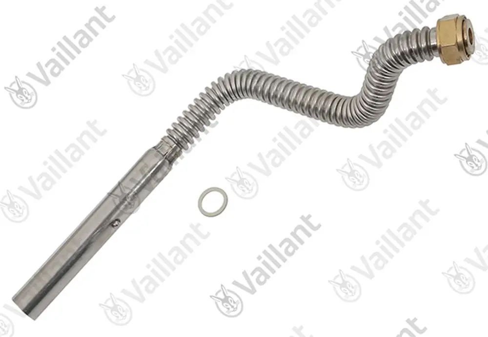 Gasrohr von Vaillant mit einer gewellten Oberfläche und einem gewindelosen Anschluss. Das Teil ist flexibel und hat eine gerade Spitze.